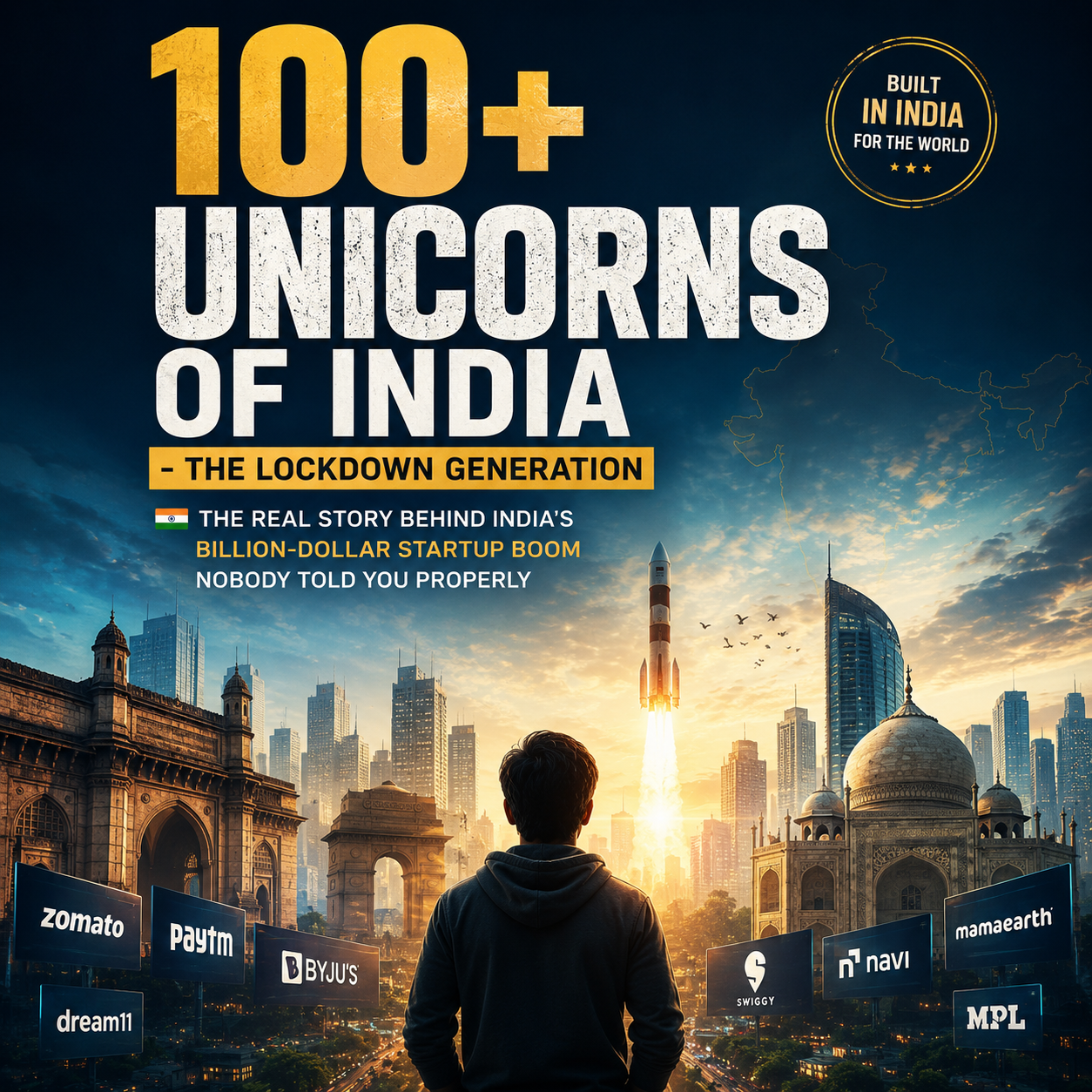 A promotional book or digital cover design with the title '100+ Unicorns of India - The Lockdown Generation' in large gold and white text over a stylized cityscape at sunset. A person stands in the foreground facing the skyline, with startup logos shown on screens around them and a badge reading 'Built in India for the world.