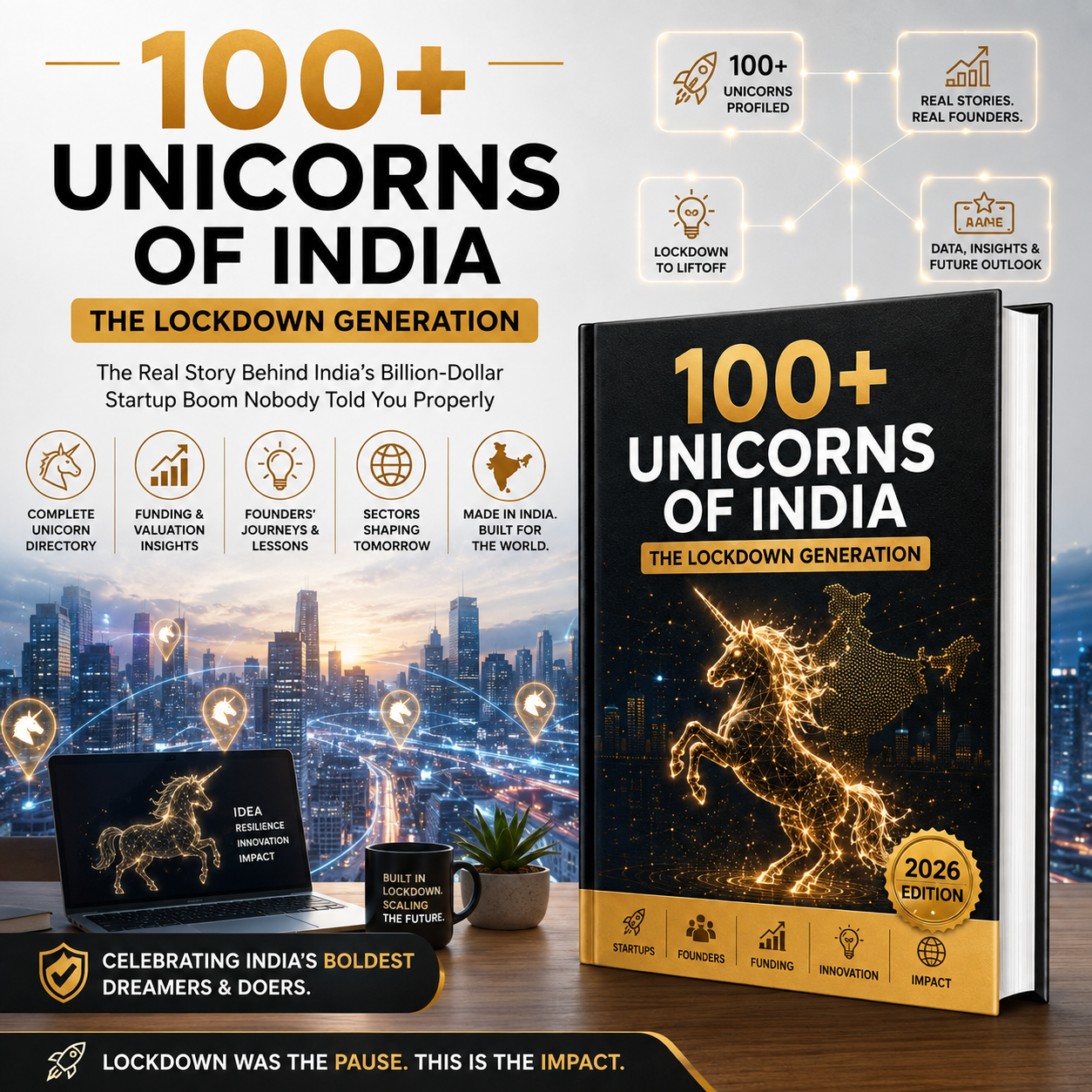 A promotional graphic for a book titled "100+ Unicorns of India: The Lockdown Generation" with a large black-and-gold book cover shown prominently, plus supporting text callouts, icons, and a cityscape background. The image is not a clean isolated product shot because it uses a designed marketing layout with text and graphics, but it is still centered on the product itself rather than instructions, a chart, or a placeholder.