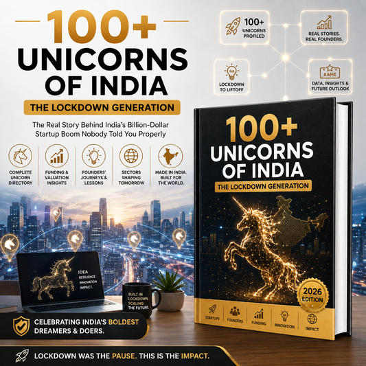 A promotional graphic for a book titled "100+ Unicorns of India: The Lockdown Generation" with a large black-and-gold book cover shown prominently, plus supporting text callouts, icons, and a cityscape background. The image is not a clean isolated product shot because it uses a designed marketing layout with text and graphics, but it is still centered on the product itself rather than instructions, a chart, or a placeholder.