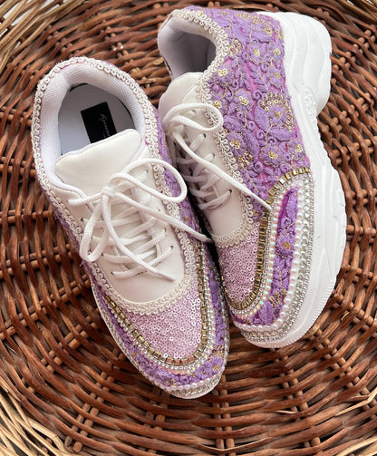 Lywire Lavender Lilac Embroidery Bridesmaid Sneakers – Premium Handcrafted Gold-Touched Perfection!