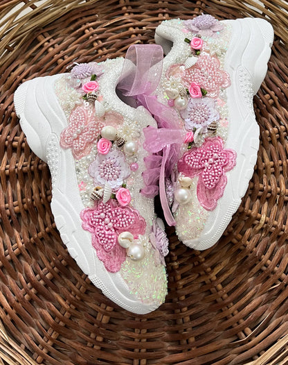 Custom Butterfly & Floral Bridal Sneakers - Pink, White & Lilac