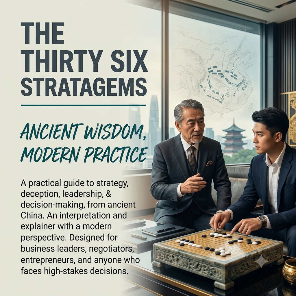 Book cover for 'The Thirty Six Stratagems' featuring a modern business scene with two men playing a board game, overlaid with bold promotional text about ancient wisdom and modern practice.
