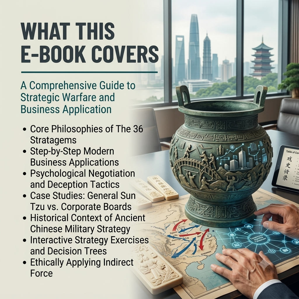 Promotional graphic for an e-book titled 'WHAT THIS E-BOOK COVERS' with text about strategic warfare and business application, shown beside a modern office scene featuring a large carved bronze vessel, a map, and hands interacting with a tablet.
