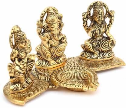 💫 Lywire™ Premium Gold-Plated Lakshmi Ganesh Saraswati Idol with Deepak | High-Quality Original Design Showpiece