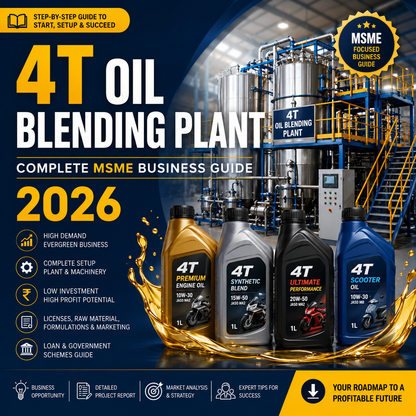 4T Oil Blending Plant Complete MSME Business Guide 2026 showing lubricant mixing machinery and oil bottling line.