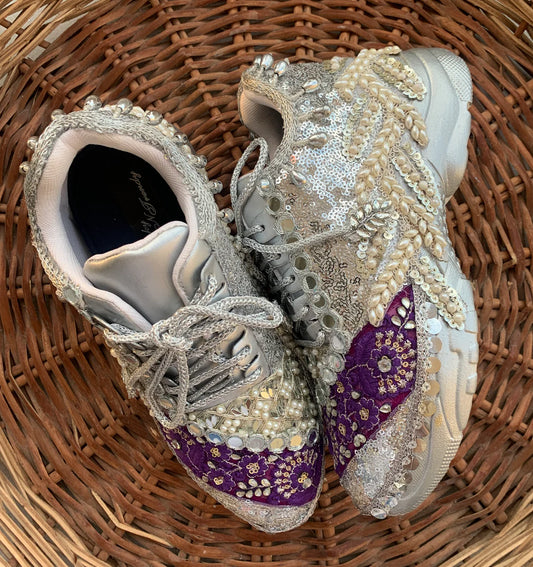 Lywire Exclusive Funky Silver & Eggplant Bridal Sneakers β Elegant, Trendy & Premium πβ¨
