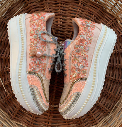 Handcrafted Peach Floral Bridal Sneakers