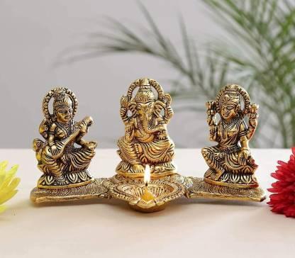 💫 Lywire™ Premium Gold-Plated Lakshmi Ganesh Saraswati Idol with Deepak | High-Quality Original Design Showpiece