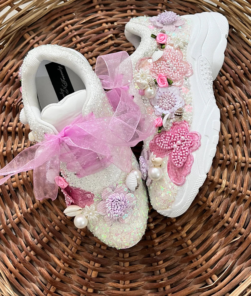 Custom Butterfly & Floral Bridal Sneakers - Pink, White & Lilac