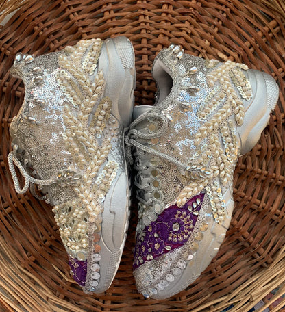 Lywire Exclusive Funky Silver & Eggplant Bridal Sneakers – Elegant, Trendy & Premium 💃✨