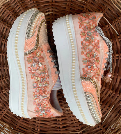 Handcrafted Peach Floral Bridal Sneakers