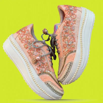 Handcrafted Peach Floral Bridal Sneakers