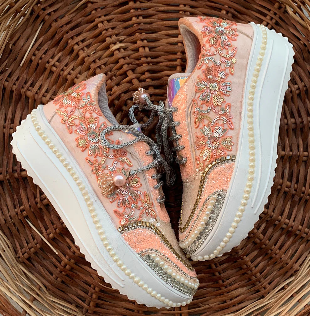 Handcrafted Peach Floral Bridal Sneakers