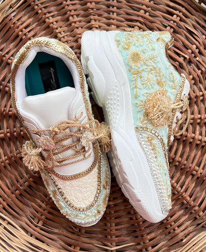 Lywire Exclusive Gold & Green Bridal Sneakers – Premium Handcrafted with Embroidery Magic 💚👟