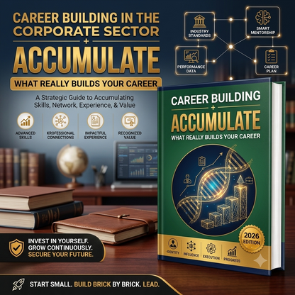 A promotional graphic for a book titled 'Career Building in the Corporate Sector + Accumulate: What Really Builds Your Career'. The book cover is shown in the foreground, with a dark green and gold design featuring a DNA double helix and rising bar graph illustration.