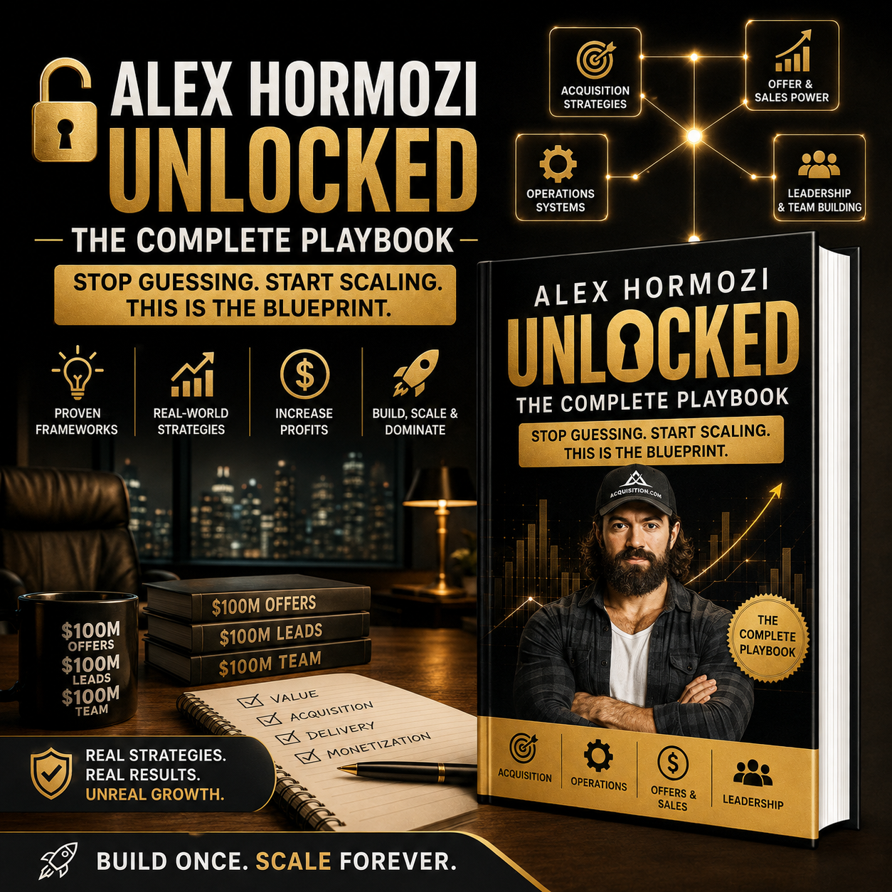 Promotional graphic for the book 'Alex Hormozi Unlocked: The Complete Playbook' showing a large standing copy of the book cover on the right, a smaller copy on a stack of books on the left, and marketing callouts around it. The scene is a dark studio/composite with a blurred portrait of Alex Hormozi on the cover and gold text accents.