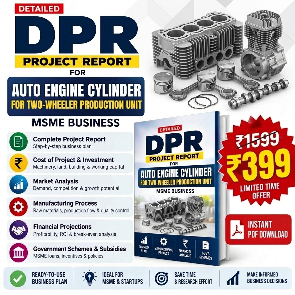 Promotional graphic for a digital PDF project report titled 'DPR Project Report for Auto Engine Cylinder for Two-Wheeler Production Unit'. The design features an engine cylinder assembly, a book cover mockup, a red price badge showing 'Rs.
