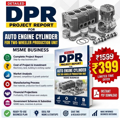 Promotional graphic for a digital PDF project report titled 'DPR Project Report for Auto Engine Cylinder for Two-Wheeler Production Unit'. The design features an engine cylinder assembly, a book cover mockup, a red price badge showing 'Rs.
