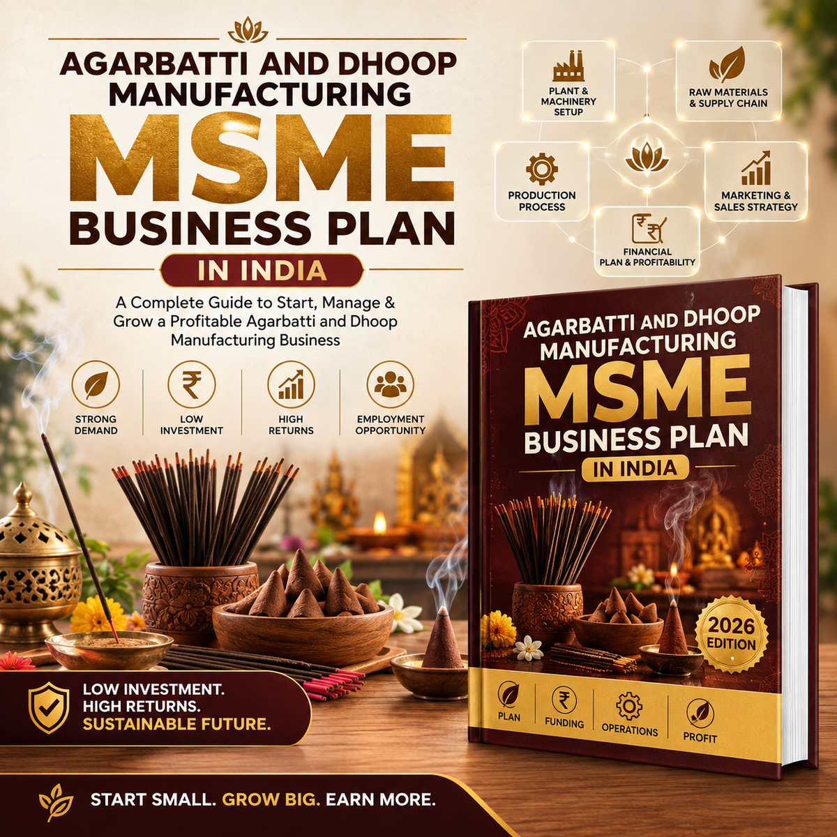 A promotional graphic for a book titled 'Agarbatti and Dhoop Manufacturing MSME Business Plan in India'. The image features a large book cover on the right, surrounded by decorative incense sticks, incense burners, and golden props on a wooden surface.