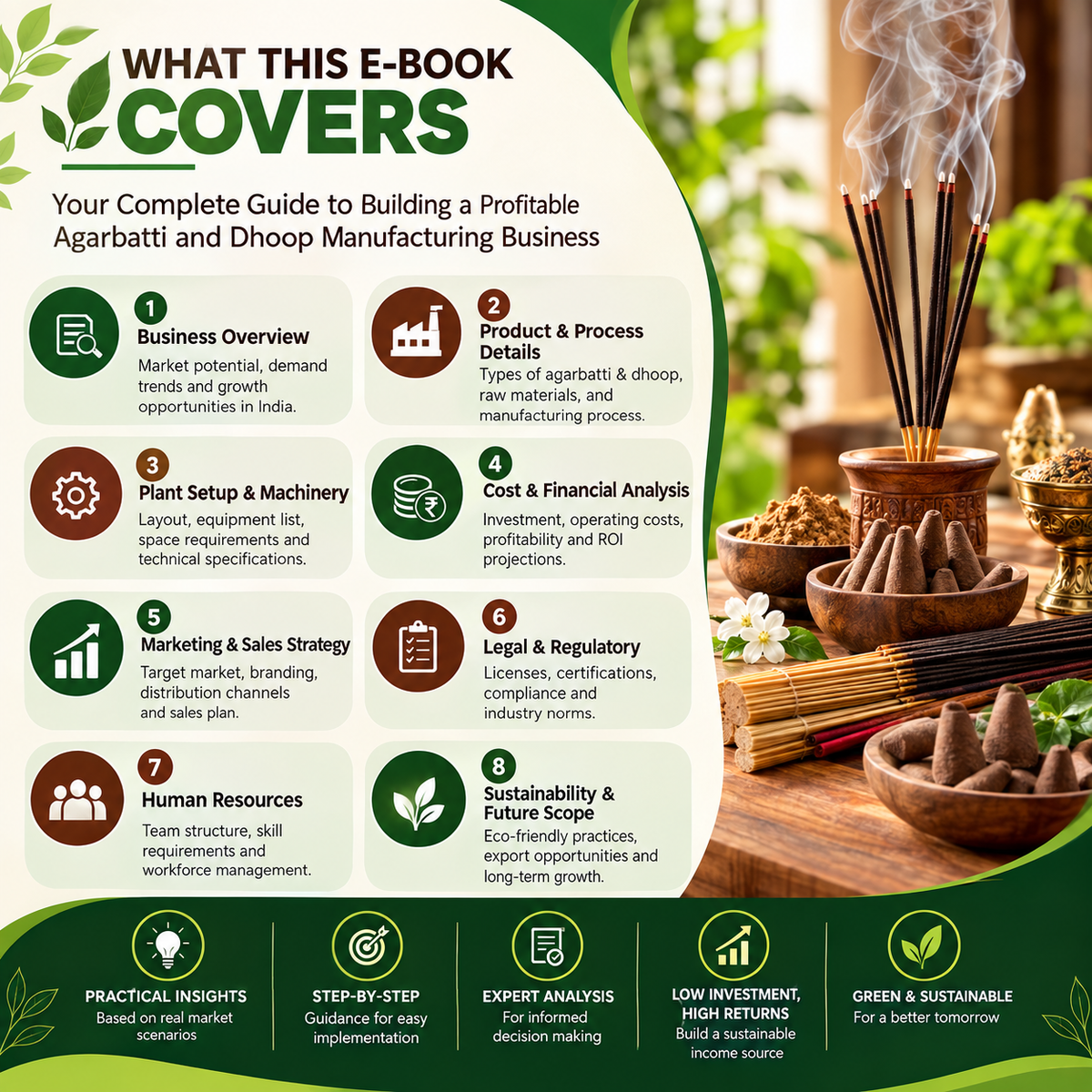 Promotional infographic for an e-book titled 'What This E-Book Covers' about building a profitable Agarbatti and Dhoop manufacturing business. The left side features a light green panel with numbered sections and icons detailing the book's contents, while the right side shows a warm, rustic scene with burning agarbatti sticks in a wooden holder against a blurred green background.