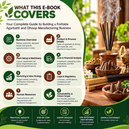 Promotional infographic for an e-book titled 'What This E-Book Covers' about building a profitable Agarbatti and Dhoop manufacturing business. The left side features a light green panel with numbered sections and icons detailing the book's contents, while the right side shows a warm, rustic scene with burning agarbatti sticks in a wooden holder against a blurred green background.