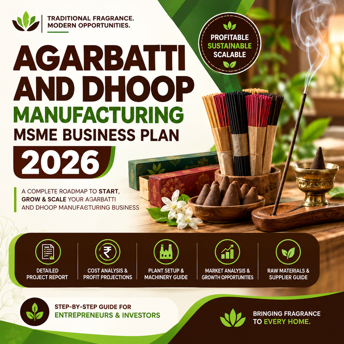 Promotional cover graphic for an 'Agarbatti and Dhoop Manufacturing MSME Business Plan 2026' guide. The design features a dark brown and green color scheme with text overlays detailing the guide's contents, alongside a background photograph of traditional incense sticks, boxes, and a brass burner.