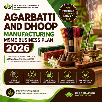 Promotional cover graphic for an 'Agarbatti and Dhoop Manufacturing MSME Business Plan 2026' guide. The design features a dark brown and green color scheme with text overlays detailing the guide's contents, alongside a background photograph of traditional incense sticks, boxes, and a brass burner.