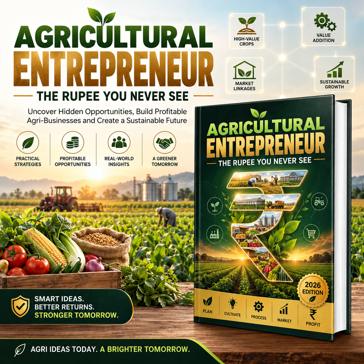 A promotional graphic for a book titled 'Agricultural Entrepreneur: The Rupee You Never See' with a large book cover on the right and marketing text and icons on the left. The scene includes a farm background with crops, produce, and people working in fields, plus a wooden tabletop at the bottom.
