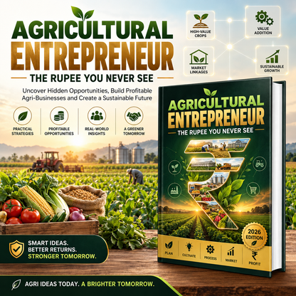 A promotional graphic for a book titled 'Agricultural Entrepreneur: The Rupee You Never See' with a large book cover on the right and marketing text and icons on the left. The scene includes a farm background with crops, produce, and people working in fields, plus a wooden tabletop at the bottom.