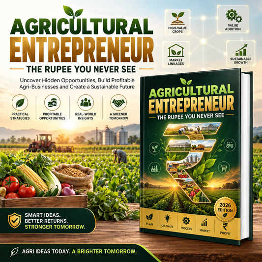 A promotional graphic for a book titled 'Agricultural Entrepreneur: The Rupee You Never See' with a large book cover on the right and marketing text and icons on the left. The scene includes a farm background with crops, produce, and people working in fields, plus a wooden tabletop at the bottom.
