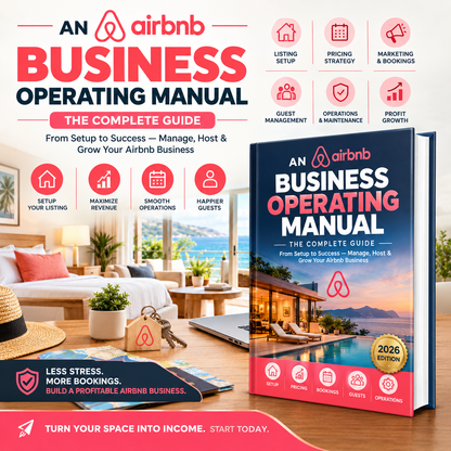 Promotional graphic for an Airbnb Business Operating Manual book, shown standing on a wooden table in a styled room scene. The book cover features a poolside resort image and large red, white, and blue text.