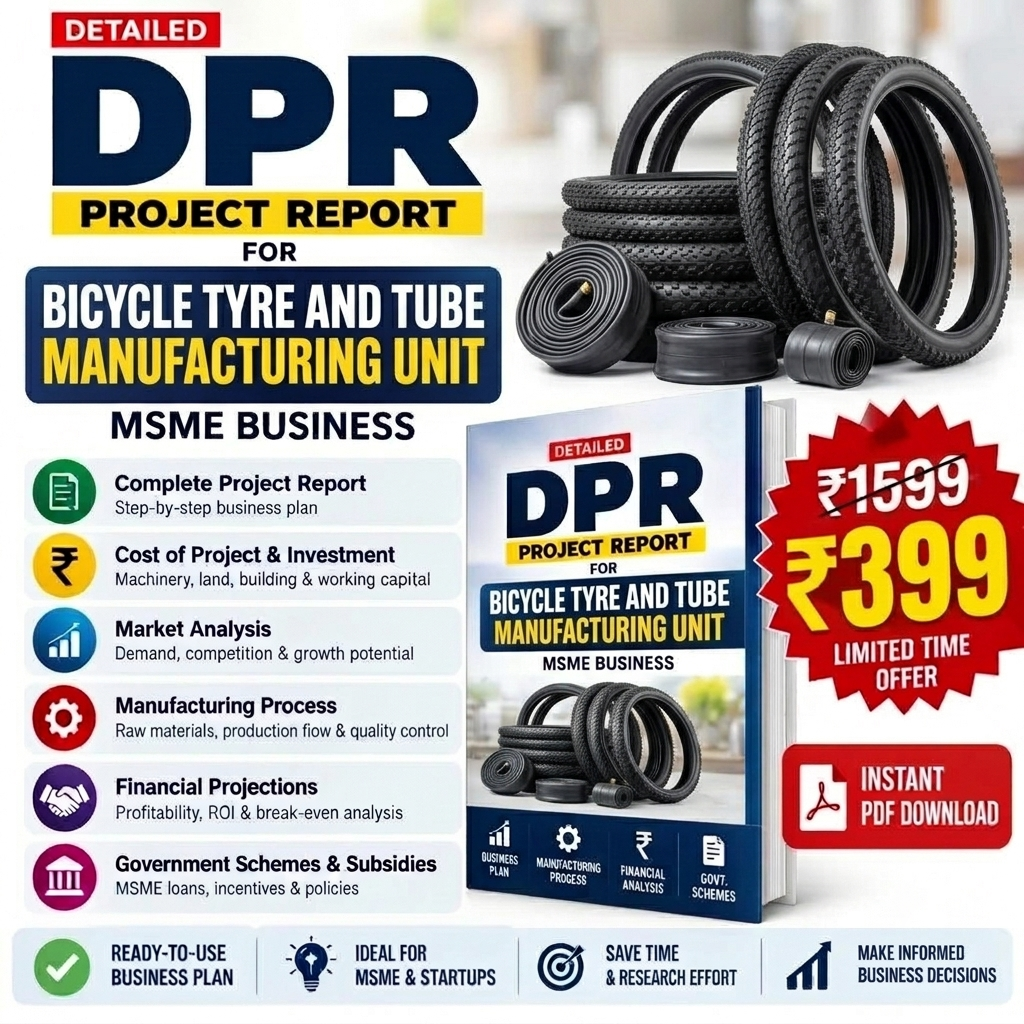 Promotional graphic for a digital PDF report titled 'DPR Project Report for Bicycle Tyre and Tube Manufacturing Unit'. The design features a mockup of the book cover, a stack of black bicycle tires and tubes, and multiple text callouts outlining business benefits.