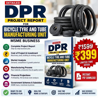 Promotional graphic for a digital PDF report titled 'DPR Project Report for Bicycle Tyre and Tube Manufacturing Unit'. The design features a mockup of the book cover, a stack of black bicycle tires and tubes, and multiple text callouts outlining business benefits.