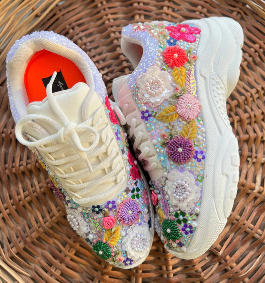 Custom Floral Bridal Sneakers - Hand-Embellished with Purple Beadwork