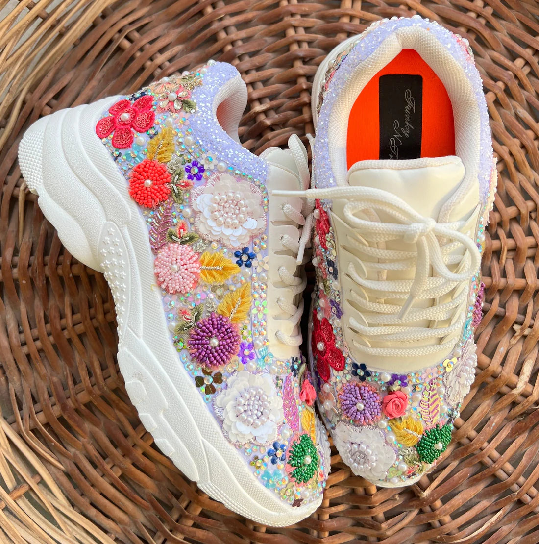 Custom Floral Bridal Sneakers - Hand-Embellished with Purple Beadwork