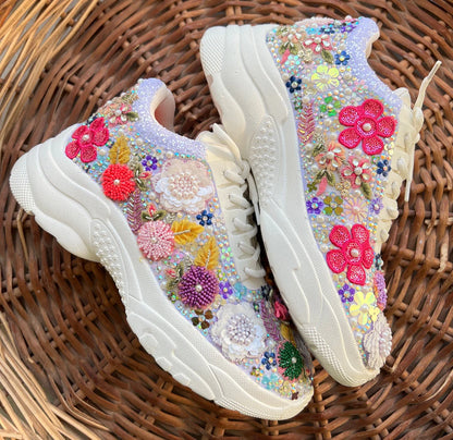 Custom Floral Bridal Sneakers - Hand-Embellished with Purple Beadwork