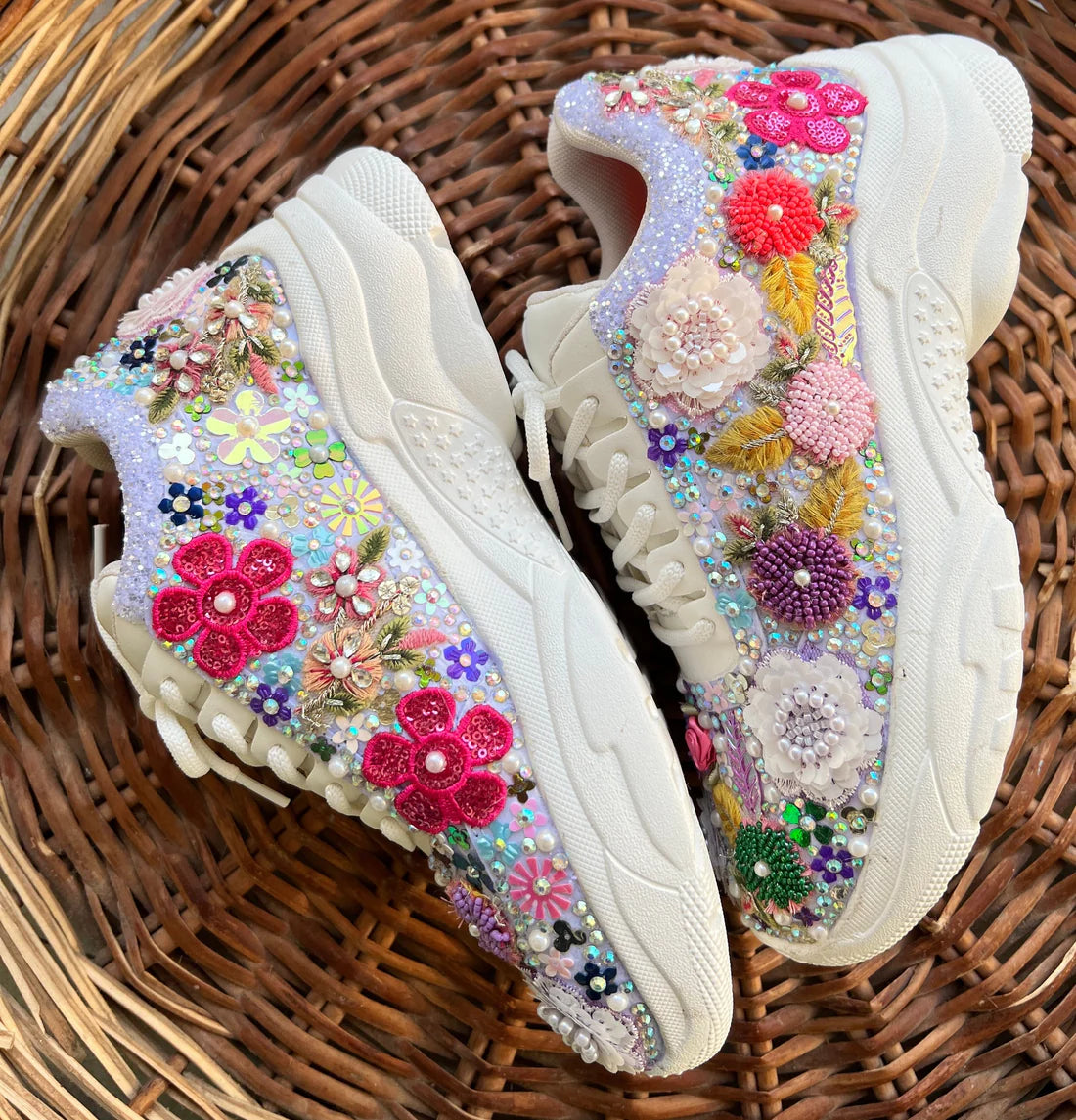 Custom Floral Bridal Sneakers - Hand-Embellished with Purple Beadwork