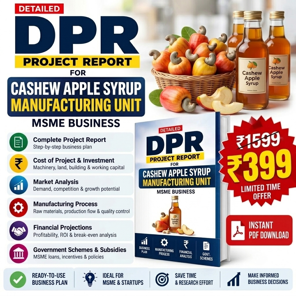 Promotional graphic for a digital PDF project report on cashew apple syrup manufacturing unit, featuring a book cover, bottles of cashew apple syrup, apples in a basket, and pricing information for ₹1539 and ₹399 instant PDF download.