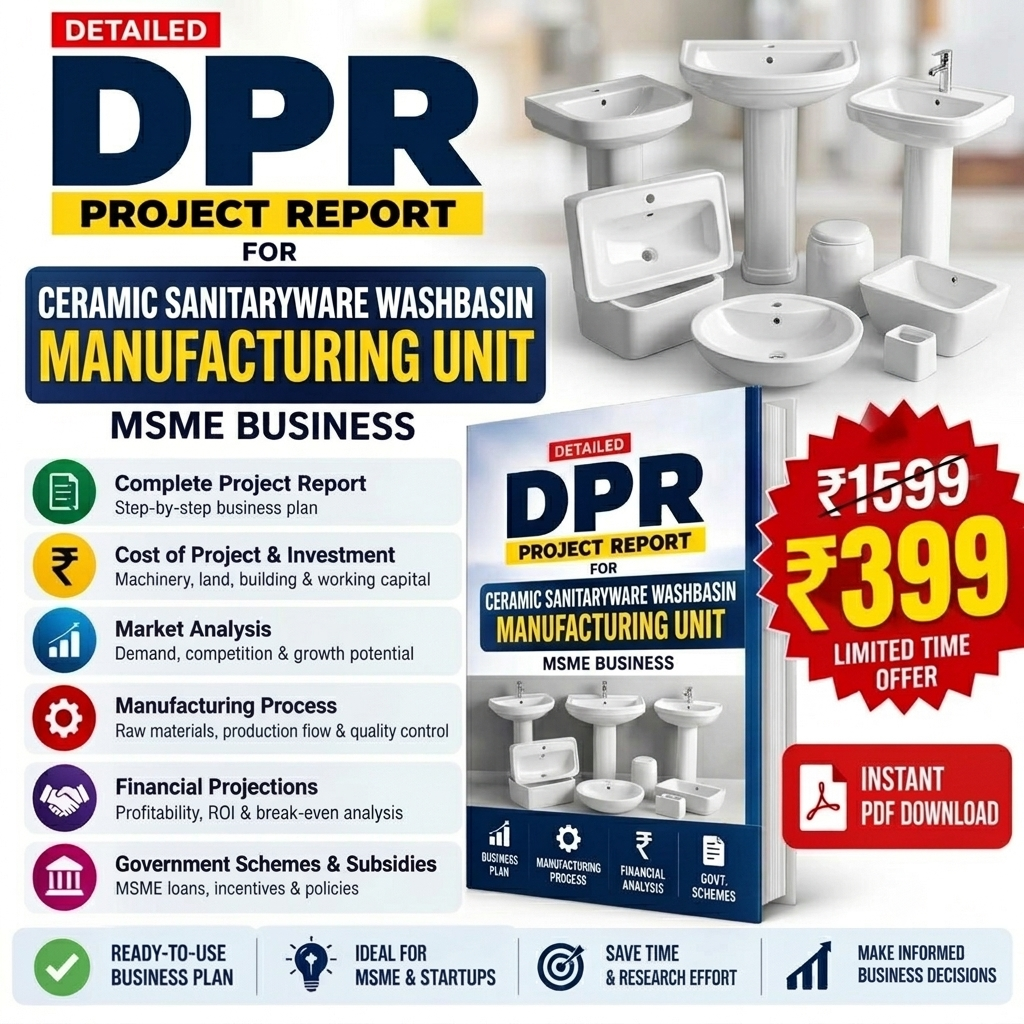 Promotional graphic for a digital PDF project report on the manufacturing unit of ceramic sanitaryware washbasins, branded as 'DPR'. The image features a collage of white ceramic washbasins, a blue and yellow cover design, and a red price badge showing a discounted price of ₹399 for a limited time offer.