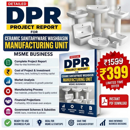Promotional graphic for a digital PDF project report on the manufacturing unit of ceramic sanitaryware washbasins, branded as 'DPR'. The image features a collage of white ceramic washbasins, a blue and yellow cover design, and a red price badge showing a discounted price of ₹399 for a limited time offer.