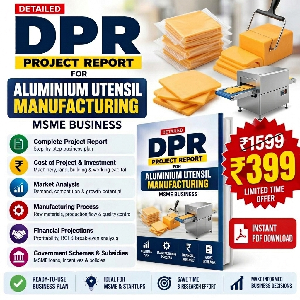 Promotional graphic for a digital PDF report titled 'DPR Project Report for Aluminium Utensil Manufacturing'. The design features a dark blue and yellow color scheme, with text detailing the report's contents on the left, a 3D mockup of the book cover in the center-right, and images of yellow cheese slices and an industrial machine in the background.