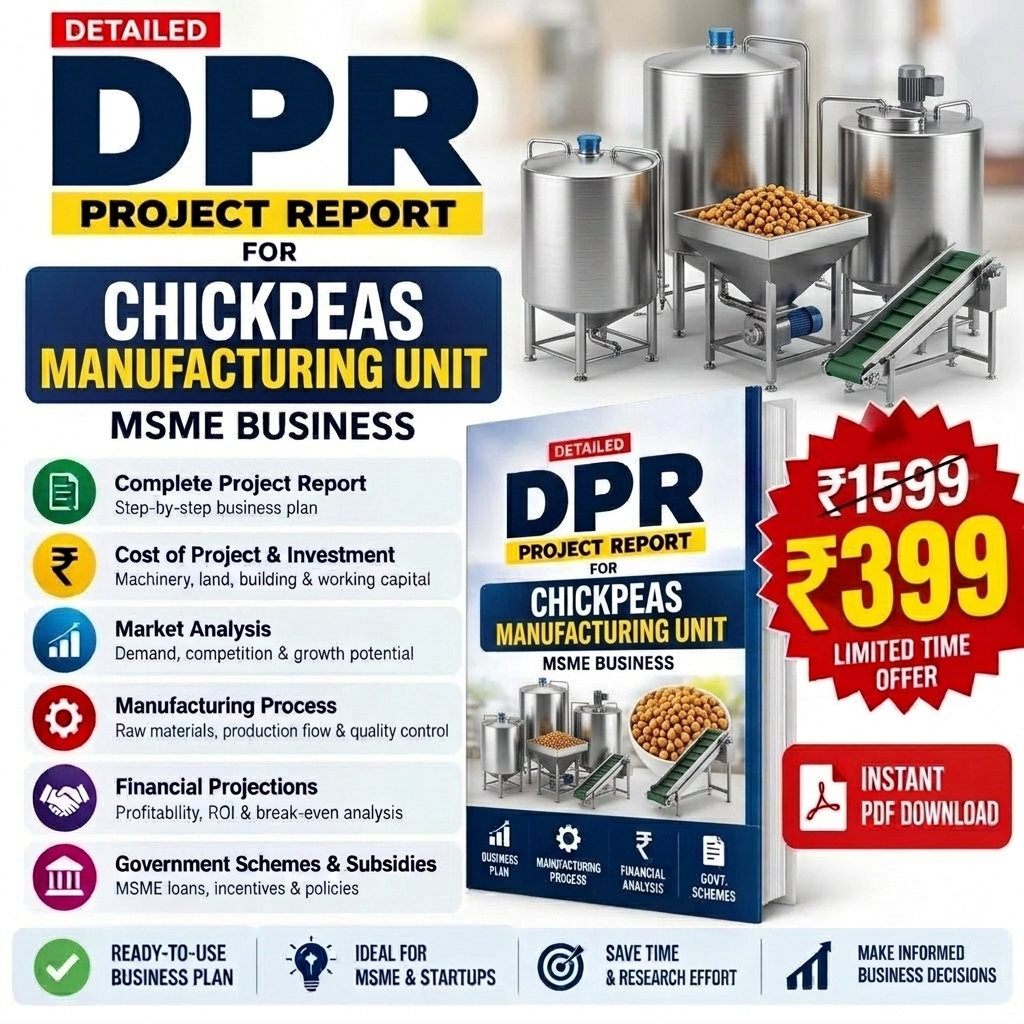 Promotional graphic for a digital project report PDF titled 'DPR Project Report for Chickpeas Manufacturing Unit' by MSME Business. The design features a dark blue and yellow color scheme, showing a 3D render of industrial chickpea processing tanks and a mockup of the book cover.