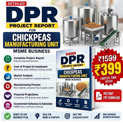 Promotional graphic for a digital project report PDF titled 'DPR Project Report for Chickpeas Manufacturing Unit' by MSME Business. The design features a dark blue and yellow color scheme, showing a 3D render of industrial chickpea processing tanks and a mockup of the book cover.
