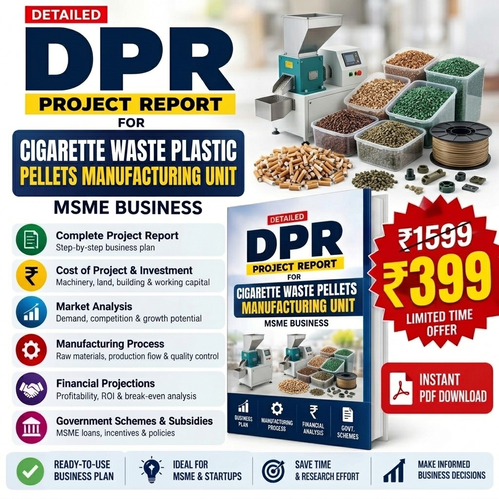 Promotional graphic for a 'Detailed DPR Project Report' PDF download for the manufacture of cigarette waste plastic pellets. The image features a book cover, a list of business aspects covered, and a photo of industrial machinery and raw materials.
