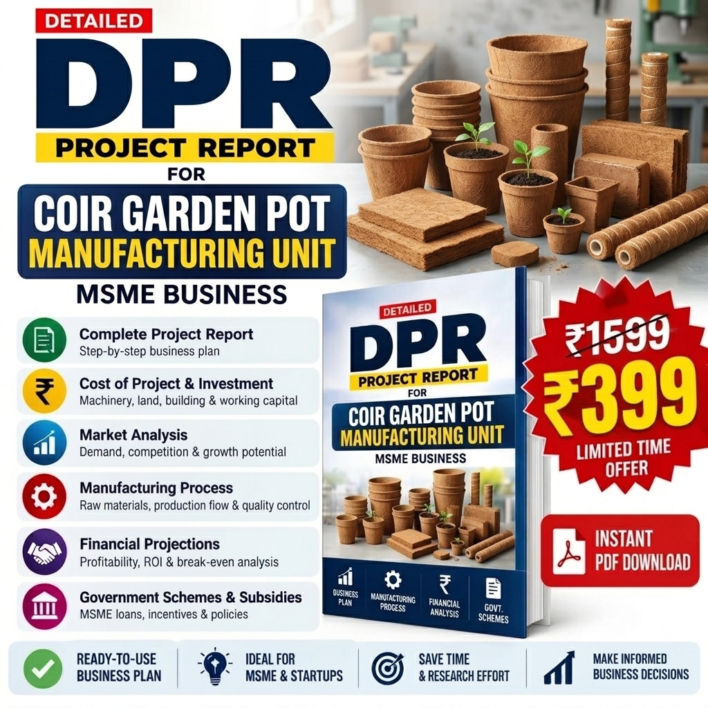 Promotional graphic for a digital PDF report titled 'DPR Project Report for Coir Garden Pot Manufacturing Unit'. The design features a blue and white book mockup, terracotta pots, soil, and construction materials, with text highlighting benefits like 'Complete Project Report' and 'Cost of Investment'.