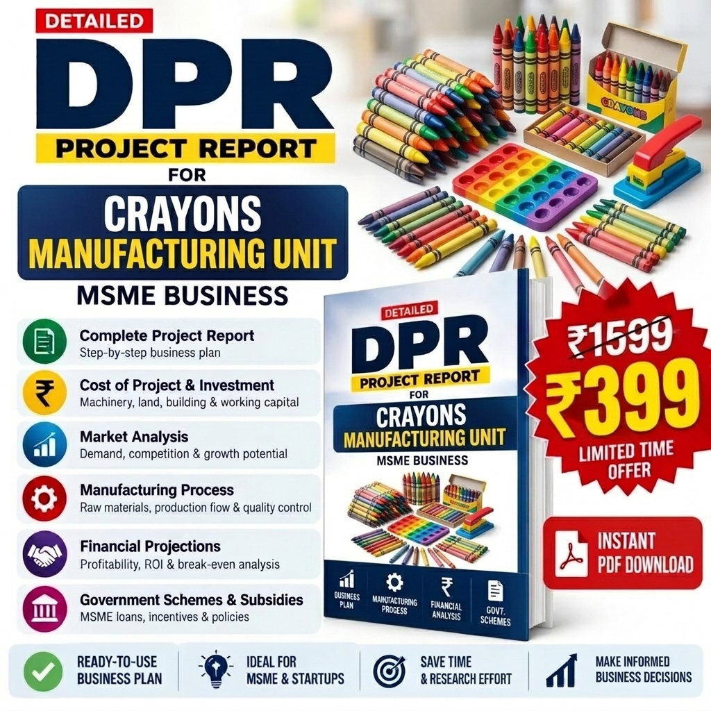 Promotional graphic for a digital PDF report titled 'DPR Project Report for Crayons Manufacturing Unit' for MSME business. The design features a colorful array of crayons, a box of crayons, and a mockup of the book cover, alongside a red price badge showing '₹1539' as '₹399 Limited Time Offer' and a red 'Instant PDF Download' button.