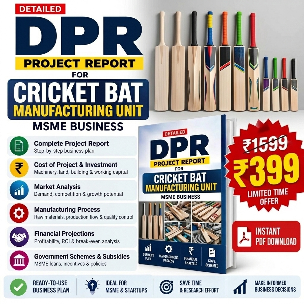 Promotional graphic for a digital PDF report titled 'DPR Project Report for Cricket Bat Manufacturing Unit'. The design features a white background with a gray gradient at the top, a row of colorful cricket bats, a 3D mockup of the book cover, and a red starburst badge showing a price drop from ₹1539 to ₹399.