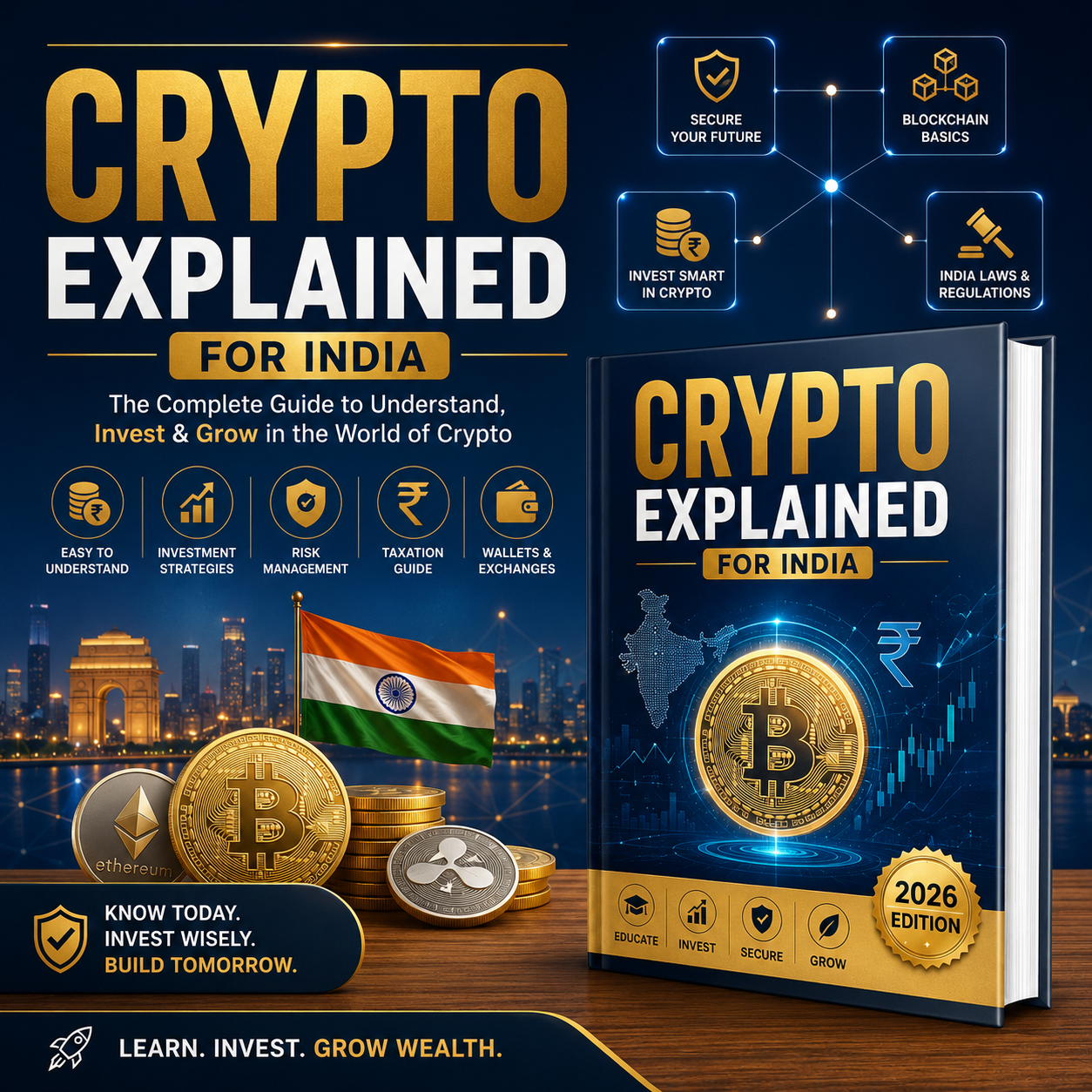 A promotional graphic for a book titled 'CRYPTO EXPLAINED FOR INDIA' with a large cover showing a gold Bitcoin coin and the subtitle '2026 EDITION.' The design includes financial icons, a city skyline at night, Indian flag elements, and a dark blue background with gold and white text.