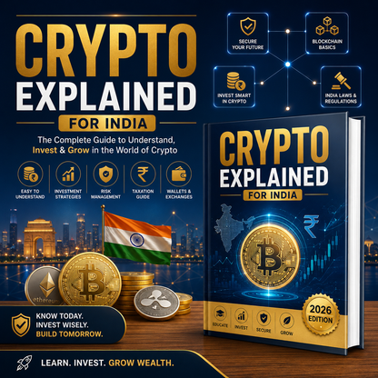 A promotional graphic for a book titled 'CRYPTO EXPLAINED FOR INDIA' with a large cover showing a gold Bitcoin coin and the subtitle '2026 EDITION.' The design includes financial icons, a city skyline at night, Indian flag elements, and a dark blue background with gold and white text.