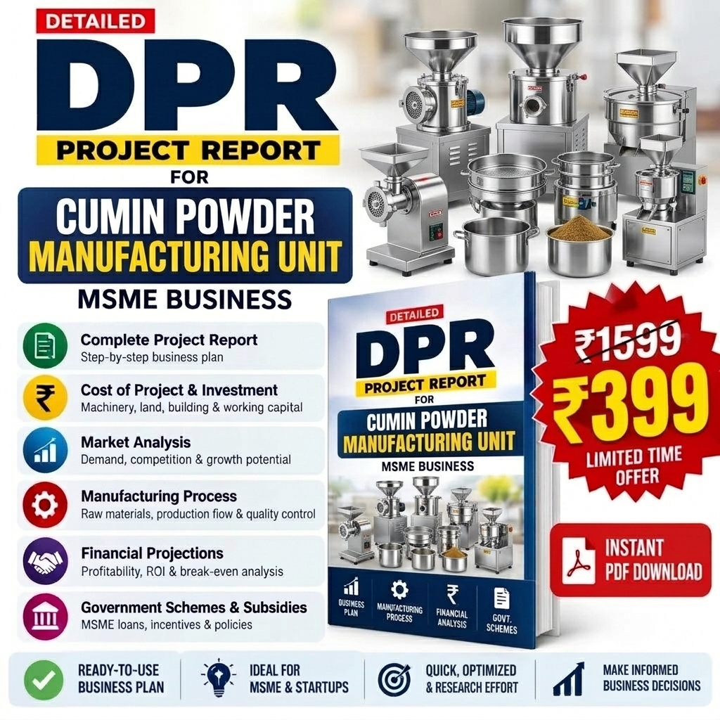Promotional graphic for a digital PDF project report titled 'DPR Project Report for Cumin Powder Manufacturing Unit'. The design features a blue and yellow header, a list of key business aspects on the left, a 3D mockup of the book cover in the center, and industrial machinery (grinding mills) on the top right.